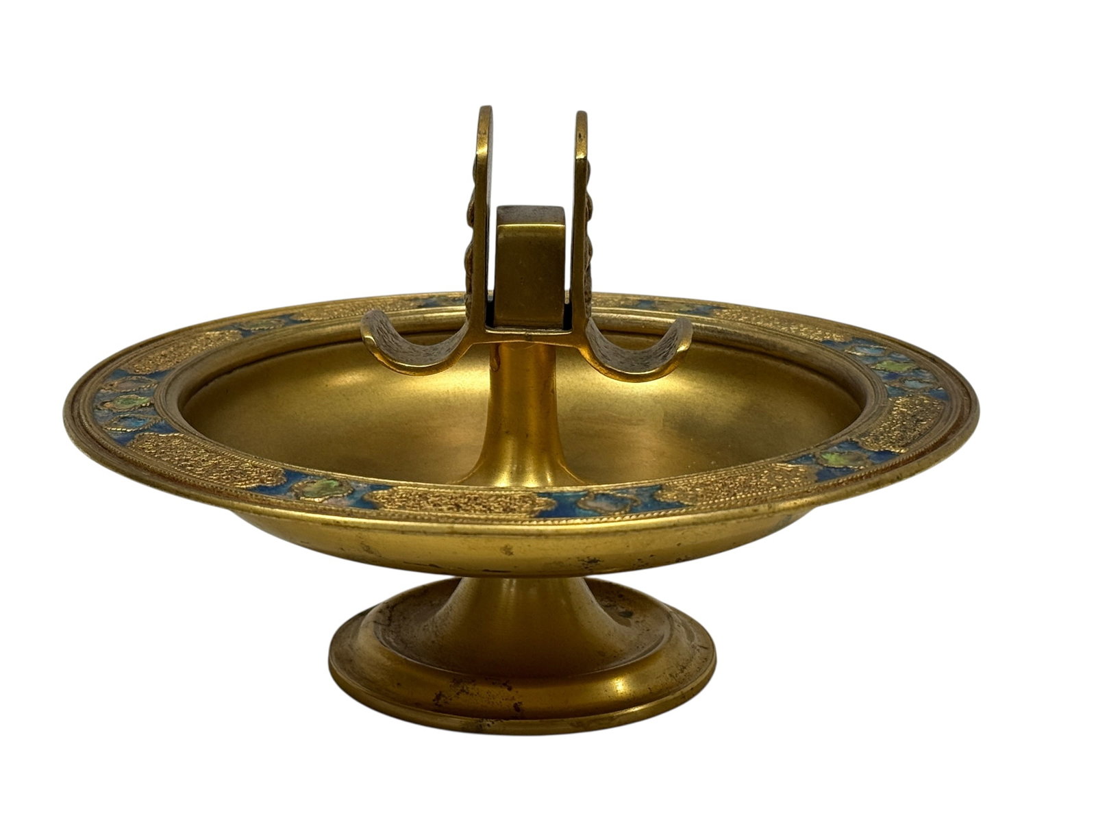 Louis C. Tiffany Furnaces Gilt Bronze & Enamel Matchbox Holder and Ashtray: This exquisite Art Deco/Art Nouveau gilt bronze and champlevé enamel matchbox holder and ashtray combination was produced by Louis C. Tiffany Furnaces, Inc. in the early 20th century. The circular di