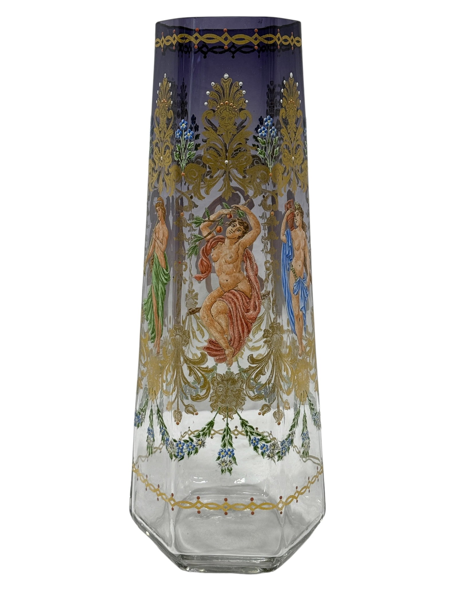 Moser Bohemian Amethyst Glass Hexagonal Vase w/ Enameled Classical Figures (1 of 10)