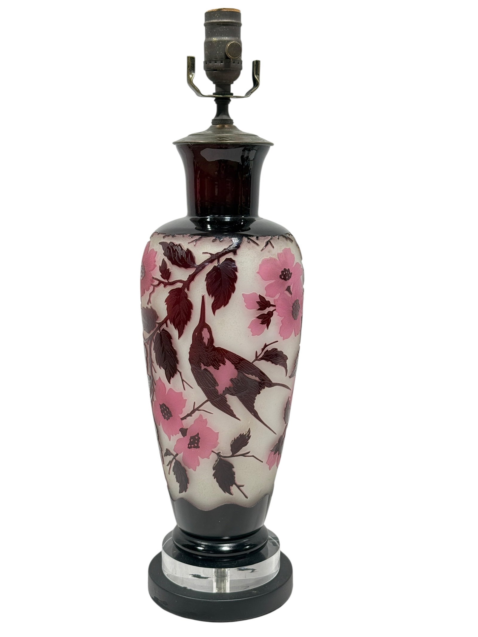 Signed Art Nouveau French Cameo Glass Vase Form Table Lamp by C.M.S. Krasno: This is an exceptional French Art Nouveau/Art Deco transitional cameo glass table lamp fashioned from a substantial vase-form body, circa 1925. The multi-layered acid-etched glass body features a fros