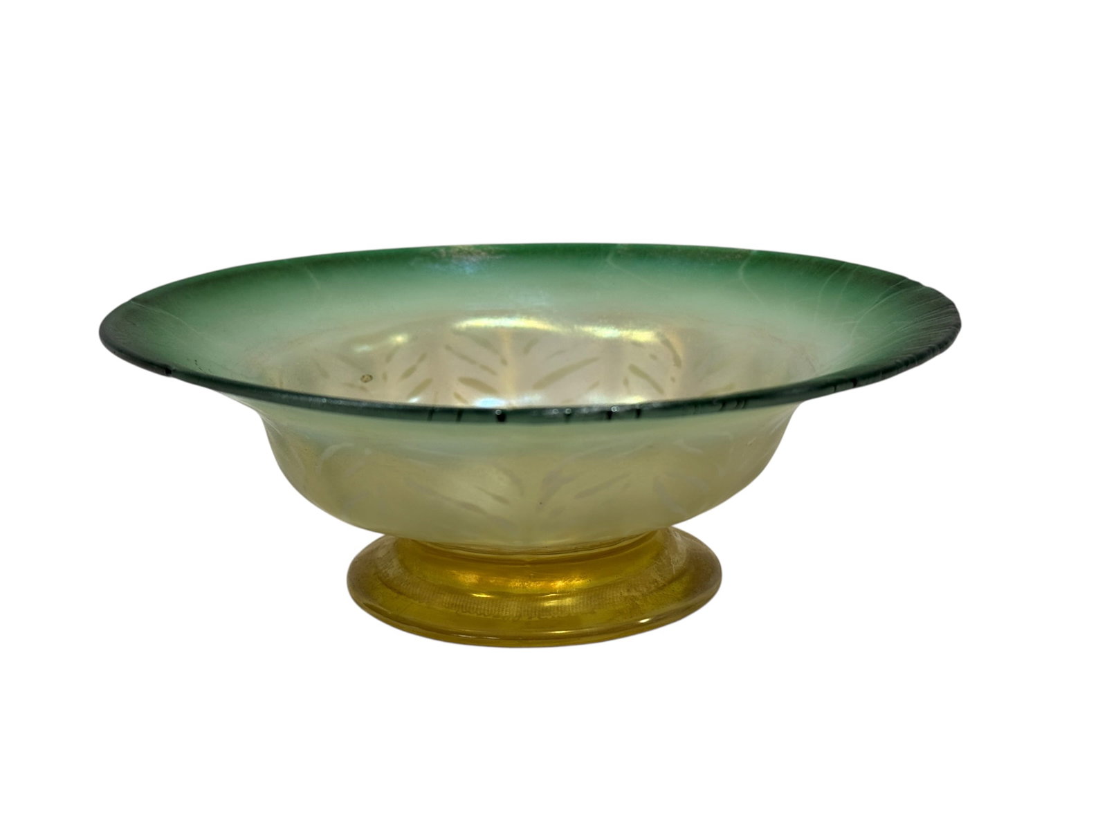 L.C.T. Favrile Pastel Green Feather Opalescent Footed Bowl (1 of 10)
