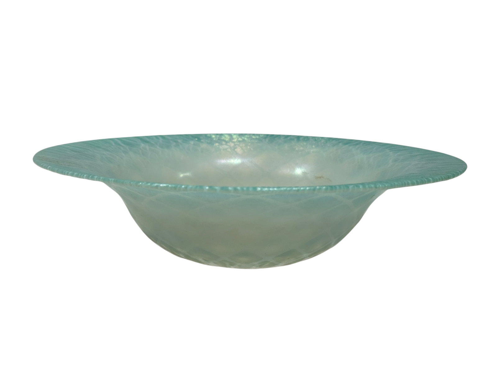 L.C. Tiffany Favrile Opalescent Ice Blue Art Glass Bowl, No. 1926, Early 20th Century: Louis Comfort Tiffany Favrile art glass bowl of broad, shallow form with a gently flared rim, executed in luminous opalescent glass graduating from a soft milky white center to delicate ice blue along