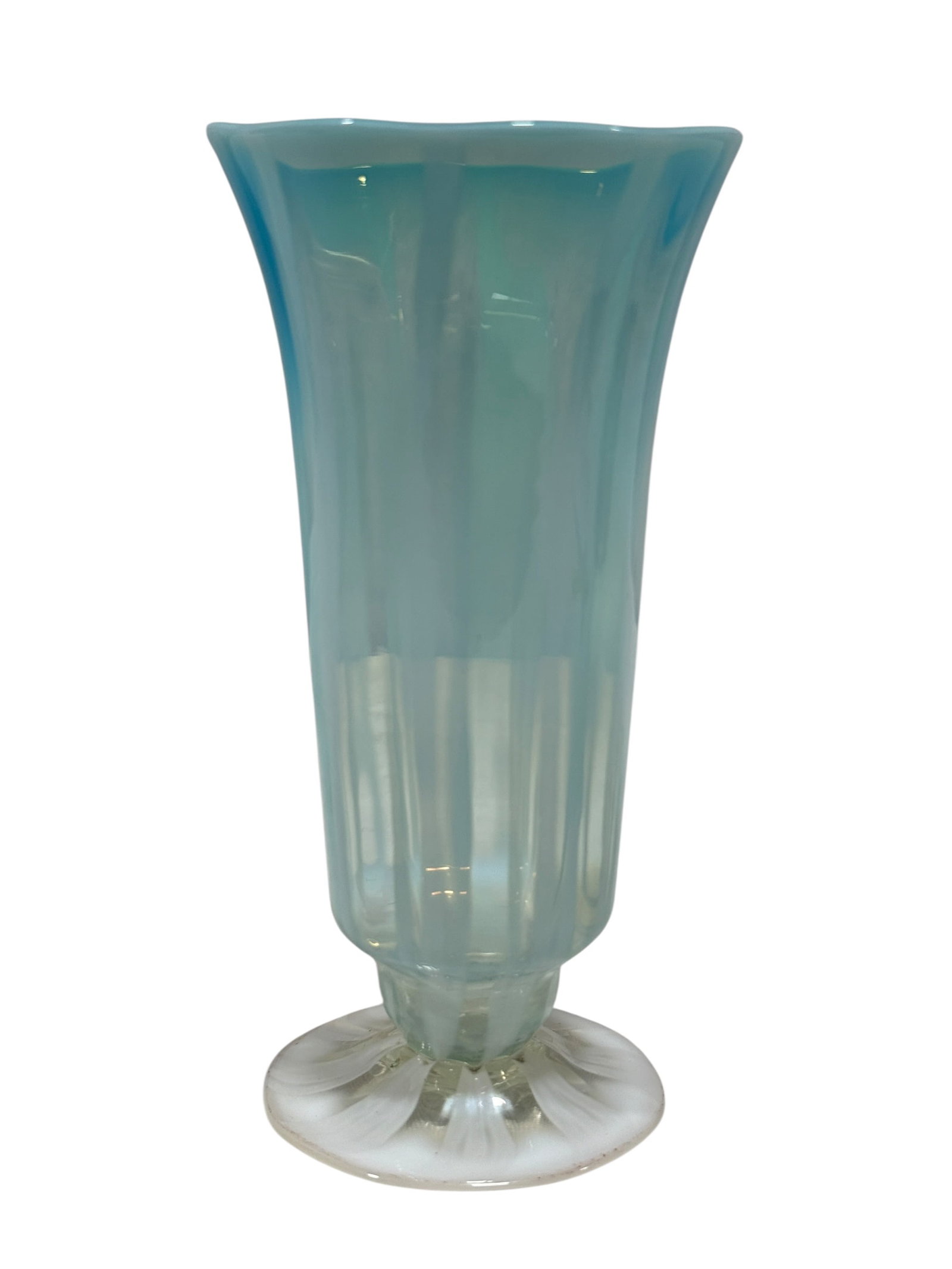 L.C. Tiffany Favrile Opalescent Ice Blue Trumpet Vase, Early 20th Century: Louis Comfort Tiffany Favrile art glass trumpet-form vase, gracefully proportioned with a tall tapering body rising from a circular foot and opening to a broad flared rim. The glass is executed in a l