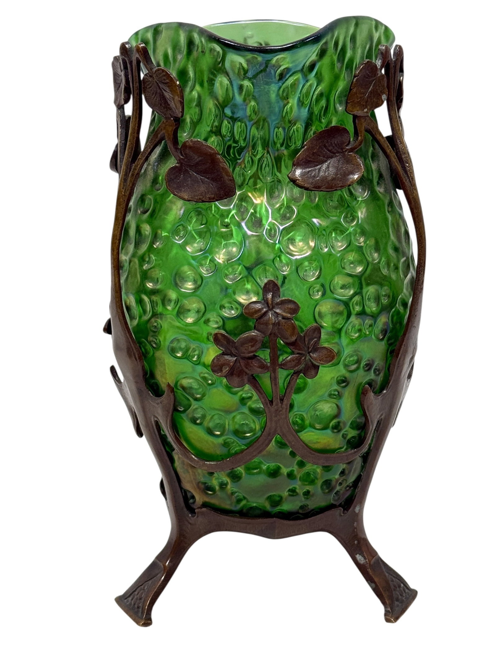 Loetz Art Nouveau Green Iridescent “Diaspora?? Glass Vase w/ Bronze Floral Mount (1 of 9)