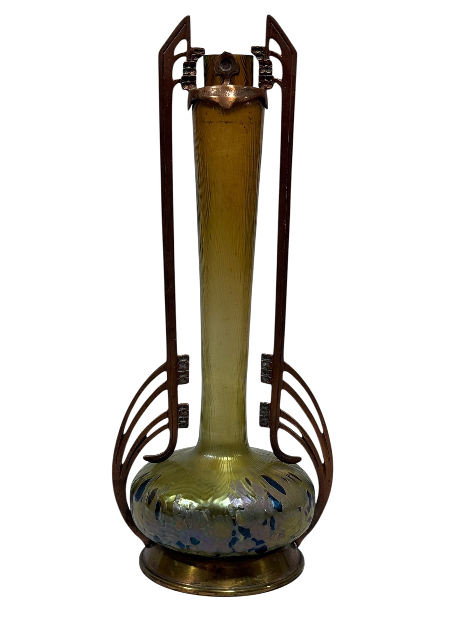 Loetz Art Nouveau Iridescent Glass Vase with Copper Mount, circa 1900: Loetz Art Nouveau iridescent art glass vase, circa 1900, of tall, slender form with an elongated tapering neck rising from a rounded bulbous body, the glass displaying a muted olive-gold ground with s