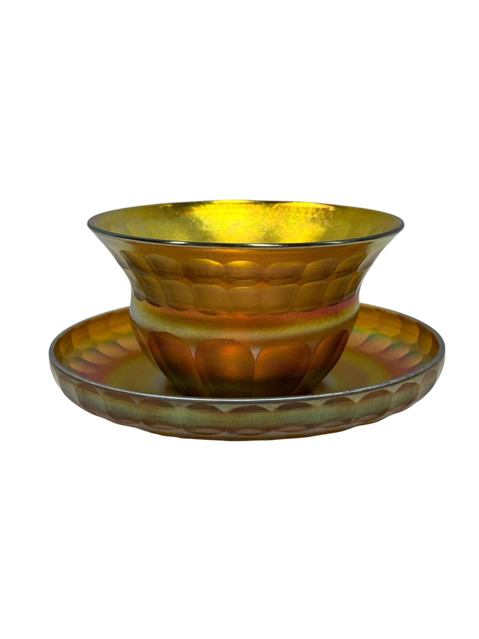 L.C.T. Favrile Gold Iridescent Optic Molded Finger Bowl & Underplate: This is a beautiful, authentic two-piece art glass finger bowl set with its matching underplate, crafted by Tiffany Studios New York. Both pieces are executed in Louis Comfort Tiffany’s signature Go