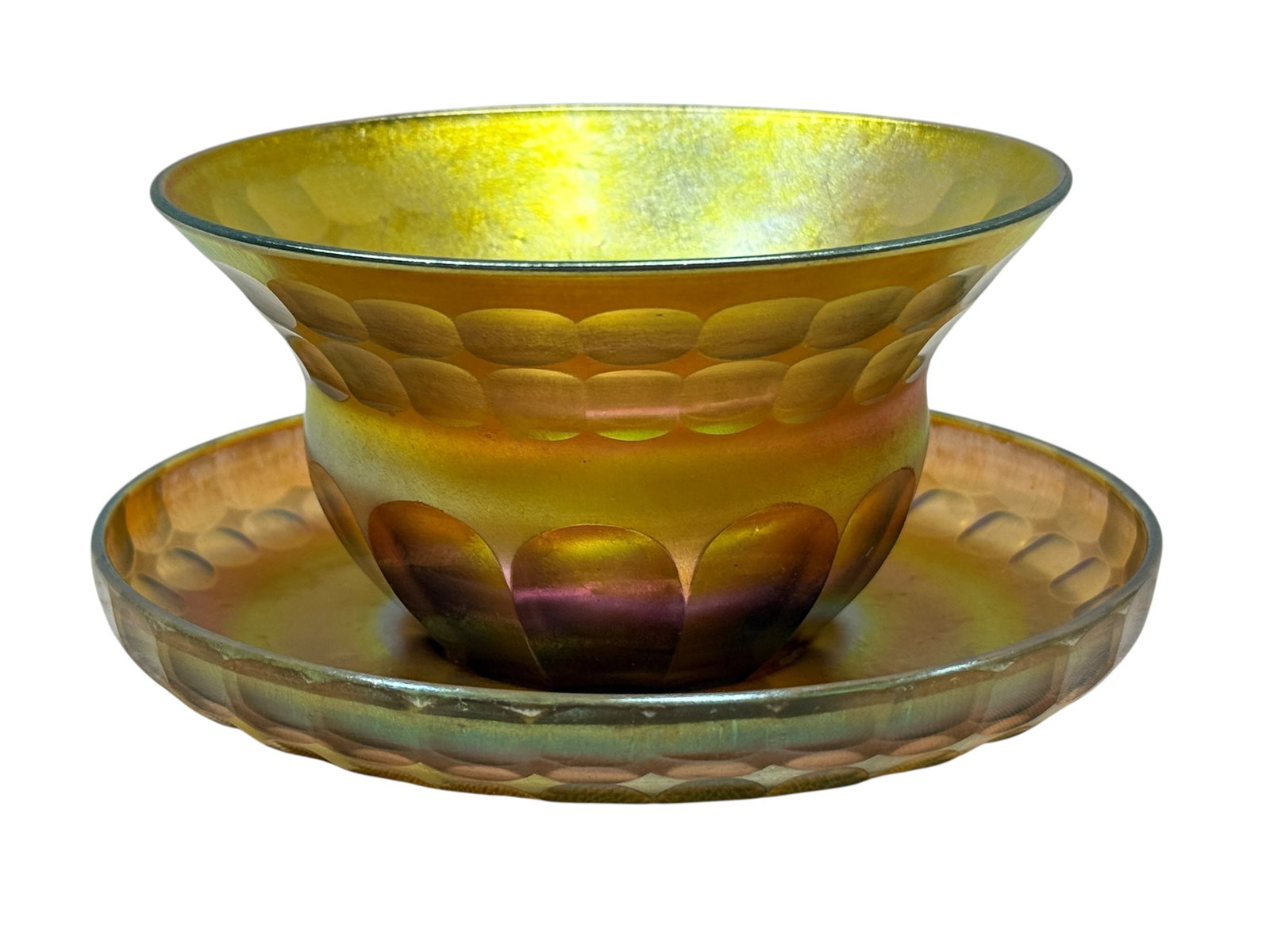 L.C.T. Favrile Gold Iridescent Optic Molded Finger Bowl & Underplate: his is a beautiful, authentic two-piece art glass finger bowl set with its matching underplate, crafted by Tiffany Studios New York. Both pieces are executed in Louis Comfort Tiffany’s signature Gol