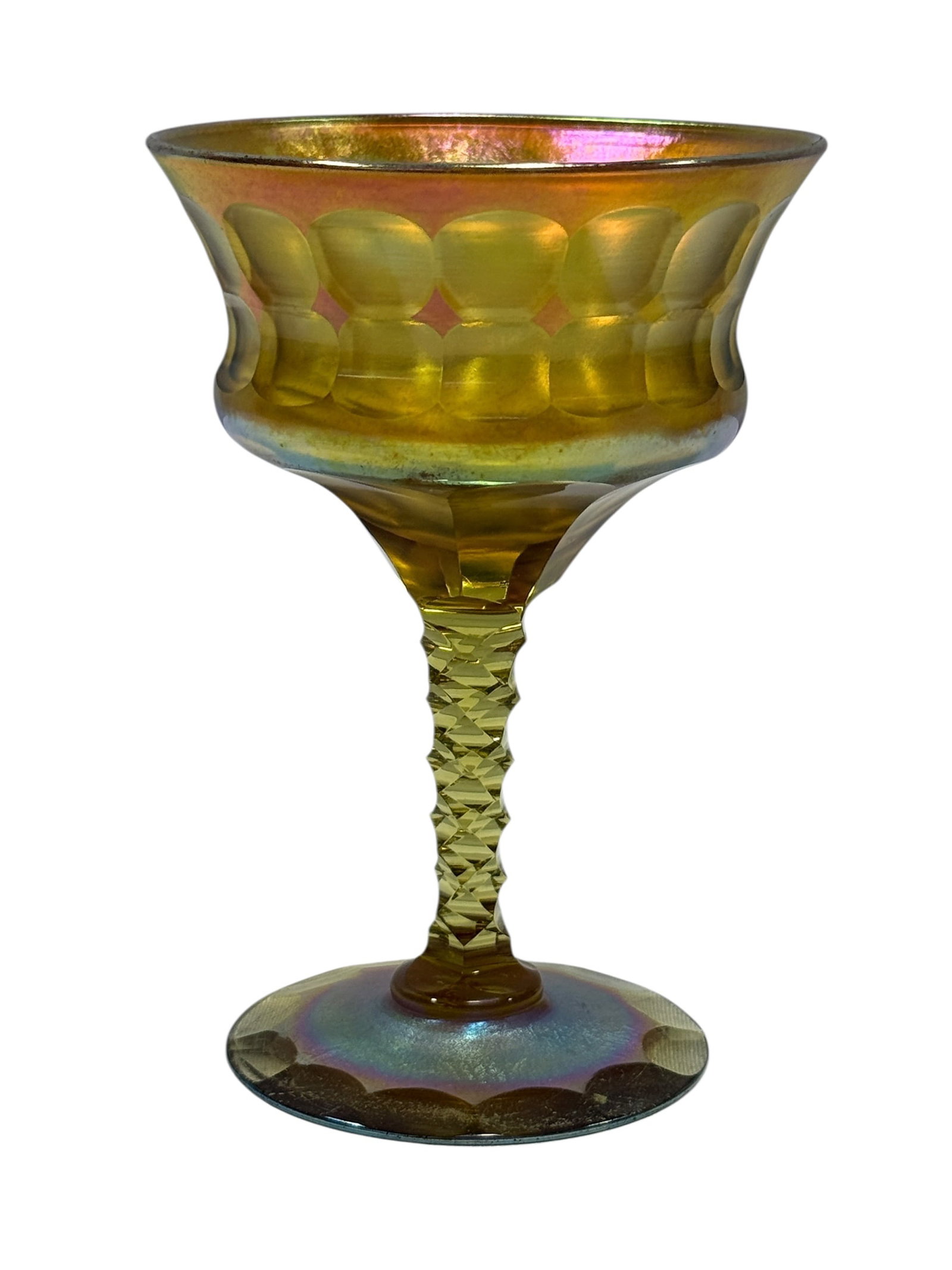 Rare L.C. Tiffany Favrile Gold Iridescent Cut Stem Goblet, Early 20th Century: Rare L.C. Tiffany Favrile art glass stemmed goblet, early 20th century, executed in luminous golden-amber glass with rich metallic iridescence flashing rose, green, and violet under changing light. Th