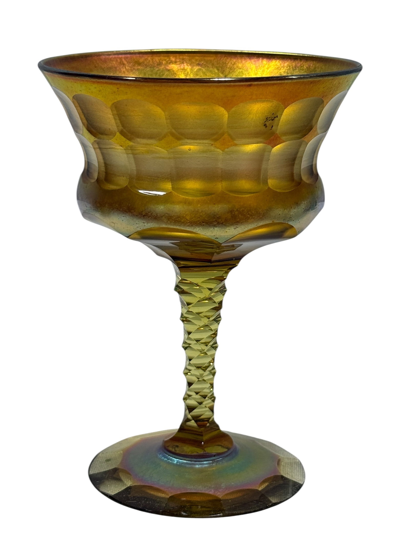 Rare L.C. Tiffany Favrile Gold Iridescent Cut Stem Goblet, Early 20th Century: Rare L.C. Tiffany Favrile art glass stemmed goblet, early 20th century, executed in luminous golden-amber glass with rich metallic iridescence flashing rose, green, and violet under changing light. Th