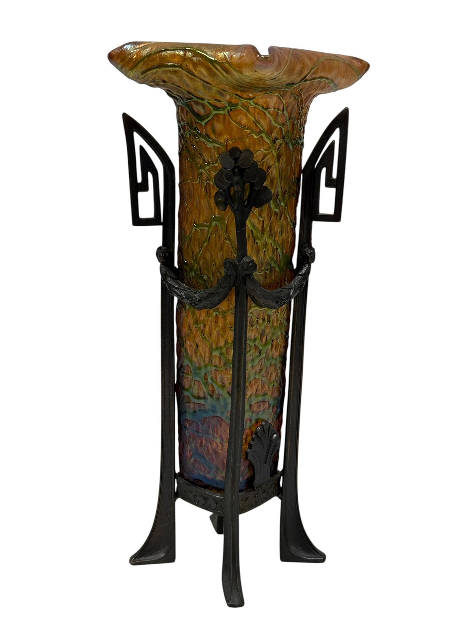 Loetz Art Nouveau Iridescent Glass Vase in Jugendstil Metal Mount, Circa 1900: Loetz Art Nouveau iridescent art glass vase, circa 1900, presenting a tall square-section body with dramatically folded and undulating rim, the glass richly decorated in an amber-gold ground with dens