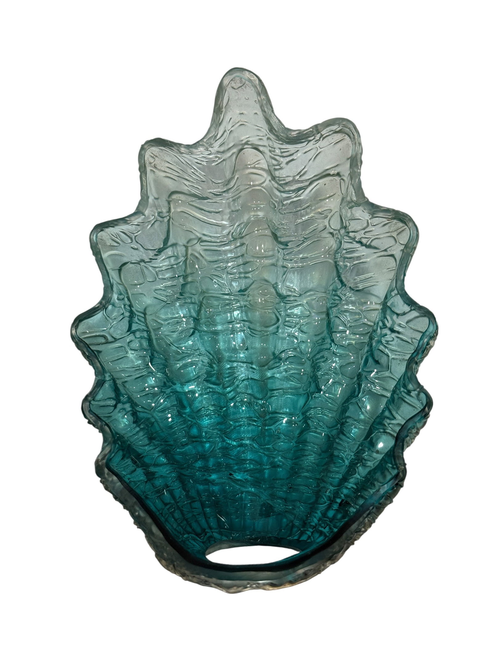 RARE Loetz Early 20th Century Shell Form Art Glass Shade: Rare Loetz art glass shade of dramatic shell or fan form, molded in translucent pale blue-green glass with a deeper turquoise concentration toward the fitter opening and a delicate silvery iridescent 