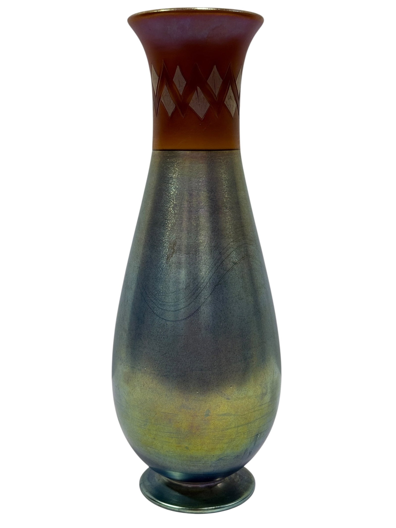 Rare L.C. Tiffany Favrile Byzantine Decorated Art Glass Vase: Rare Tiffany Studios / L.C. Tiffany Favrile art glass vase, circa early 20th century, of tall baluster form with a spreading foot and flared trumpet mouth, distinguished by an unusual Byzantine-inspir