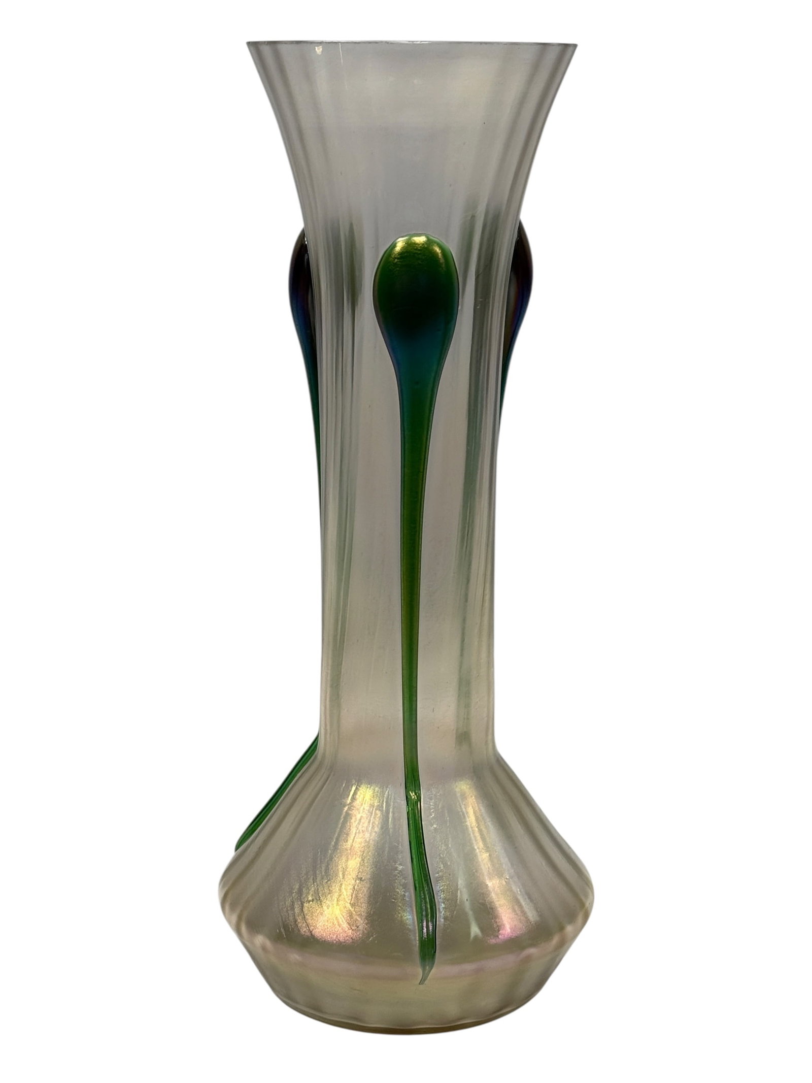 Wilhelm Kralik Sohn “Tadpoles?? Iridescent Art Glass Vase, Bohemia, circa 1900: A distinctive Wilhelm Kralik Sohn Art Nouveau “Tadpoles” iridescent art glass vase, Bohemia, circa 1900, of tall flaring trumpet form with a slender waist and broad rounded foot. The body is f