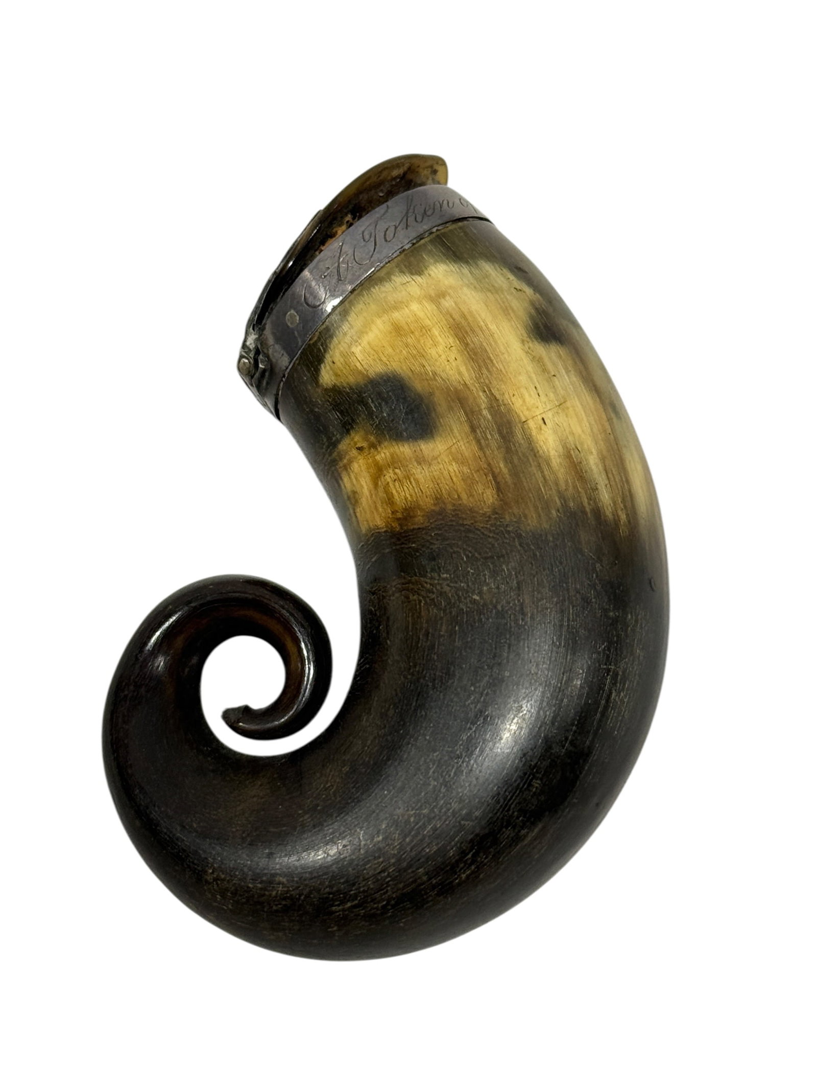 19th Century Scottish Silver Mounted Horn Snuff Mull: Handsome 19th-century Scottish horn snuff mull, formed from a naturally curved and tightly curled section of polished horn displaying rich tonal variation from golden amber and honey brown to deep cha