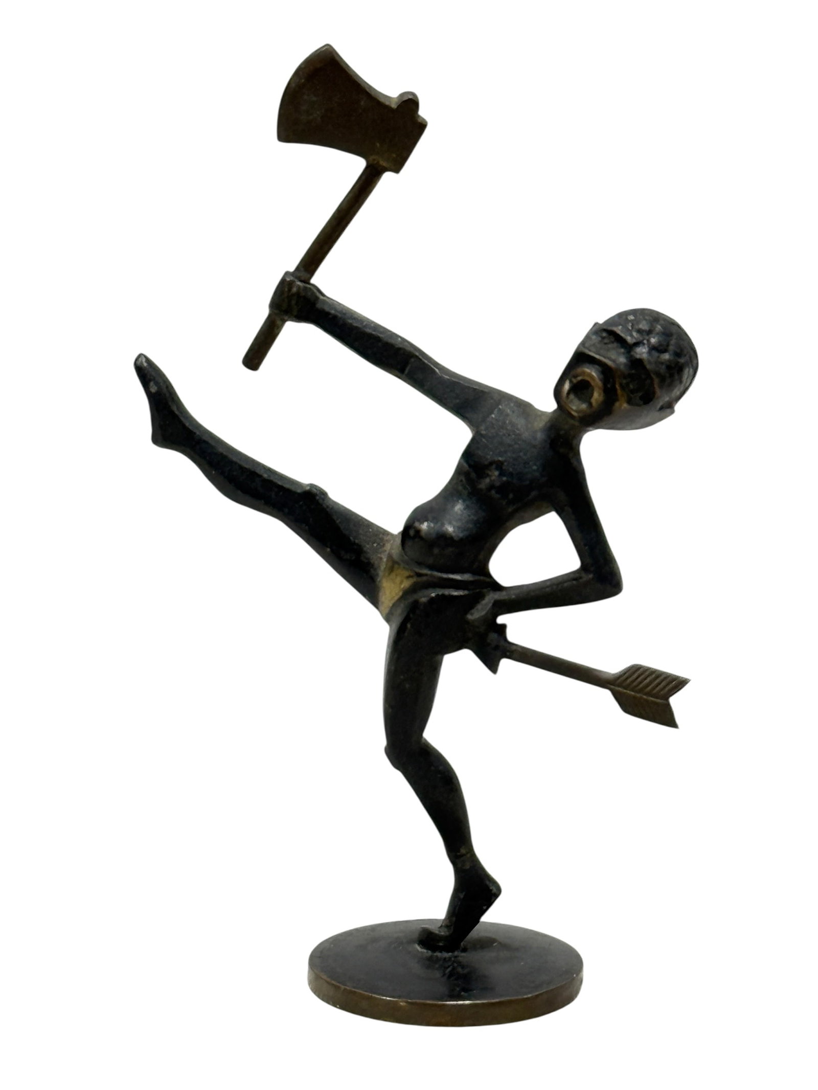 Hagenauer Style Austrian Bronze Comic Figure with Axe and Arrow: Whimsical early 20th-century Austrian bronze figural sculpture in the manner of Werkstätte Hagenauer Wien, depicting a stylized male figure caught in an animated striding pose with one leg kicked for