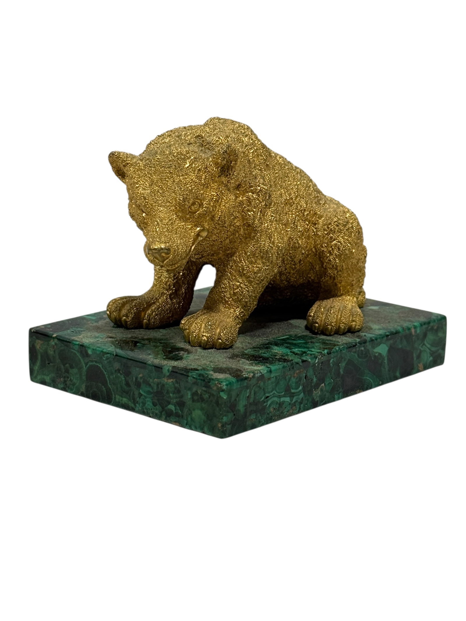 19th Century Russian Gilt Bronze Bear on Malachite Base: Striking 19th-century Russian gilt bronze animalier sculpture depicting a powerful crouching bear, naturalistically modeled with lowered head, rounded ears, heavy shoulders, articulated paws, and a de