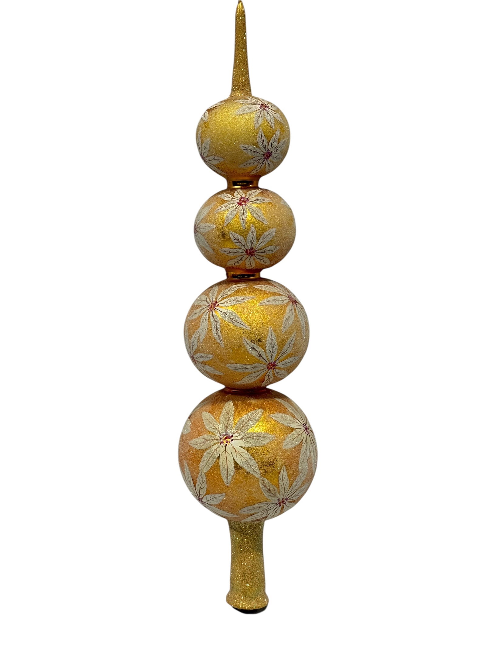 Christopher Radko Four-Tier Gold Floral Glass Christmas Tree Topper Finial: Christopher Radko hand-blown glass Christmas tree topper composed of four graduated spherical sections forming an elongated finial silhouette, richly finished in shimmering gold with a frosted, sugar-