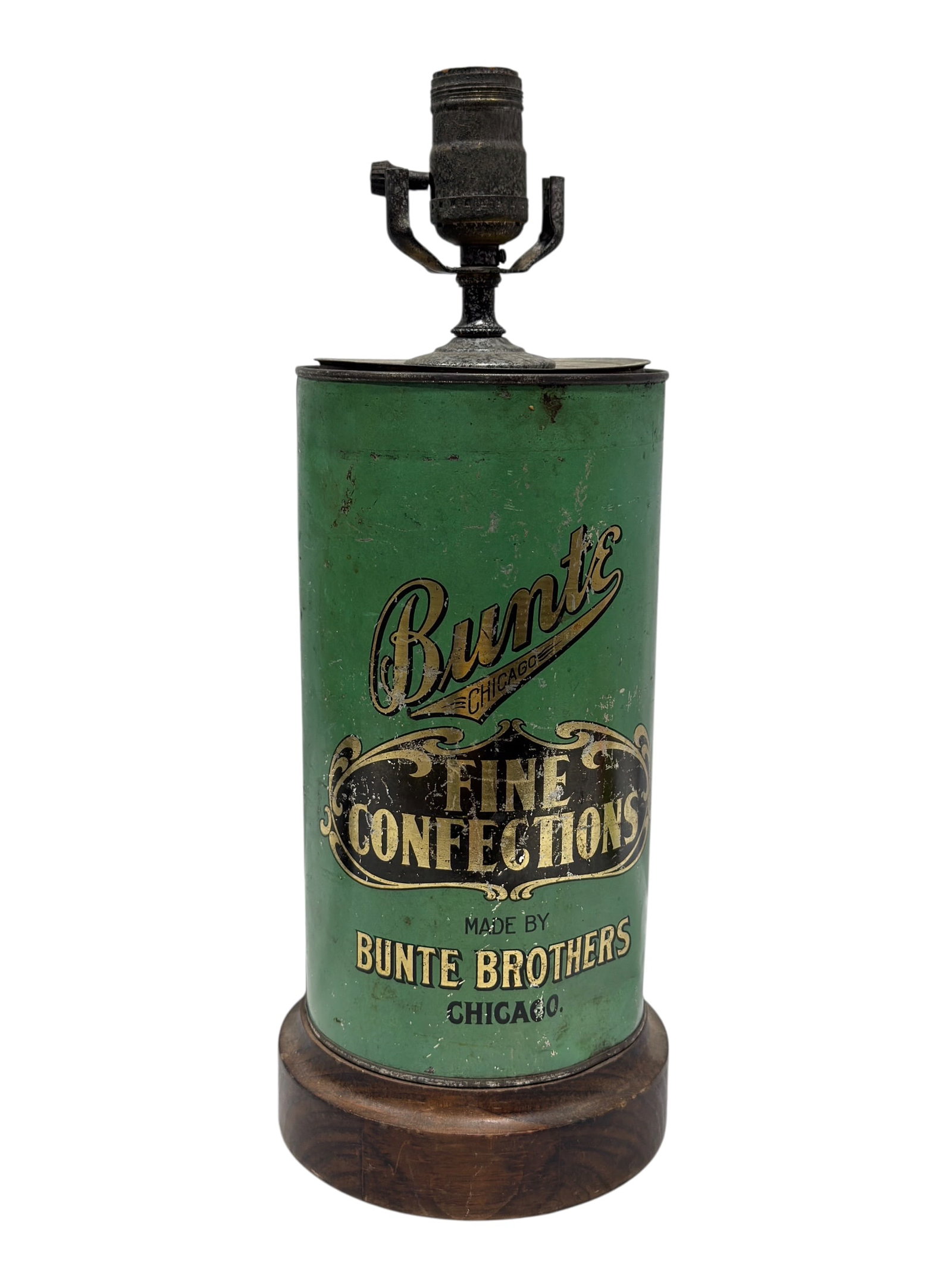 Bunte Brothers Chicago “Fine Confections?? Advertising Tin Converted Table Lamp, Early 20th: Early 20th-century American advertising tin for Bunte Brothers of Chicago, later converted into an electric table lamp, retaining its attractive original mint-green lithographed surface with black, cr