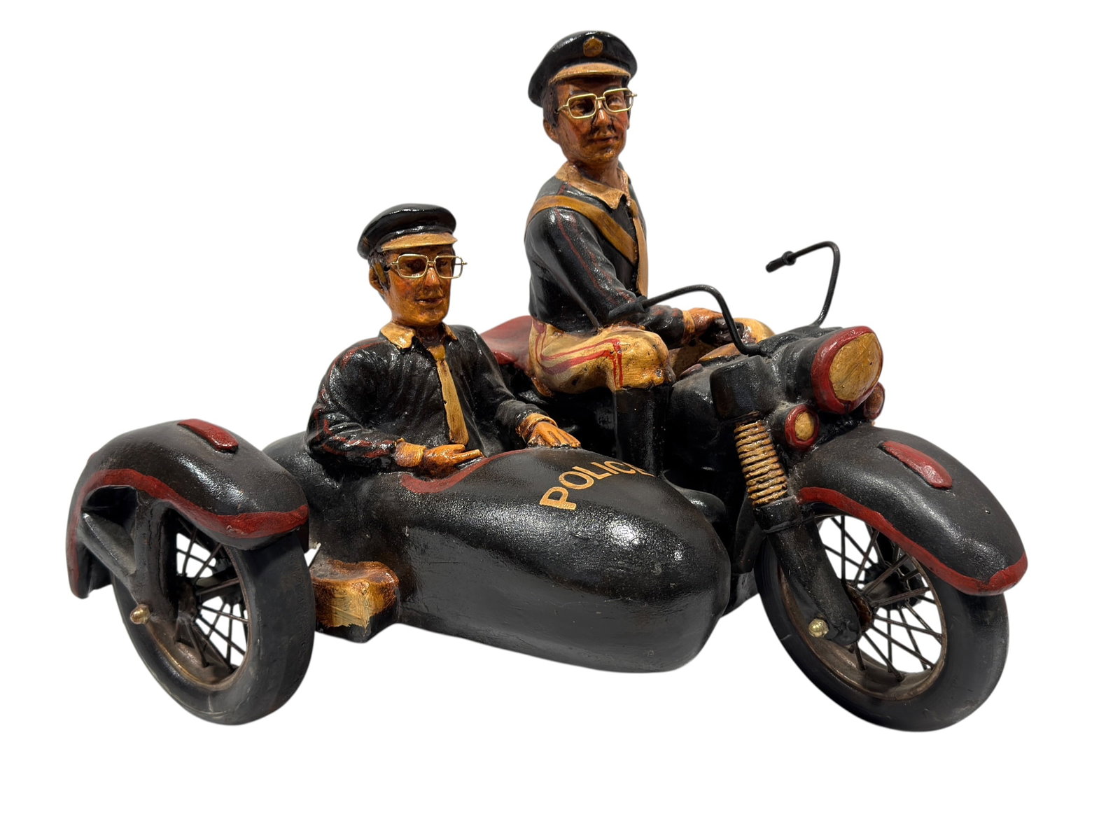 Large Vintage Painted Metal and Wood Police Motorcycle with Sidecar Sculpture: A large and highly decorative vintage painted metal and wood sculpture depicting two uniformed police officers riding a motorcycle with sidecar, rendered in an exaggerated folk-art style with particul