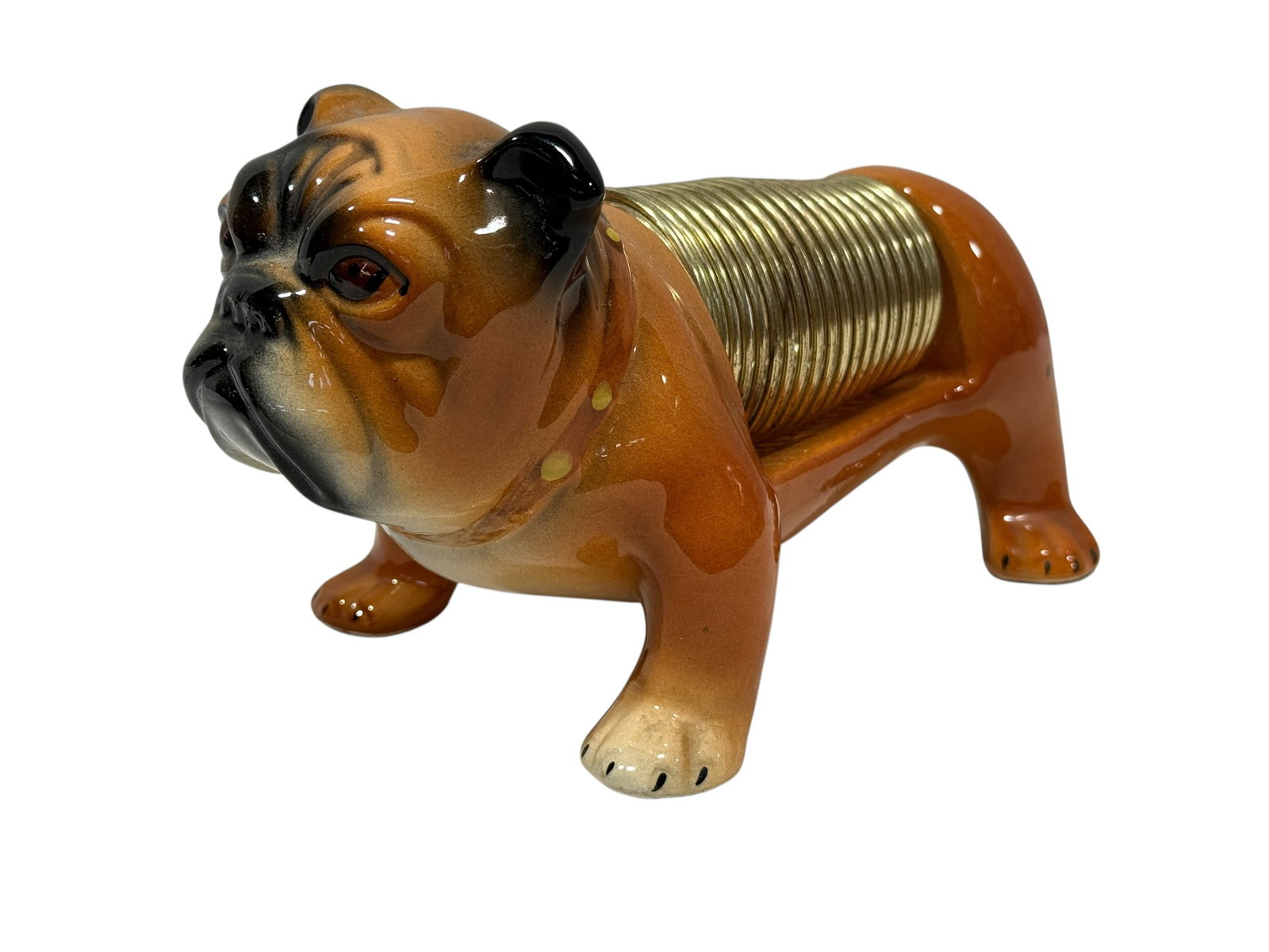 Marston California Pottery Mid-Century Ceramic Bulldog Spring Letter Holder, c. 1950s: Charming mid-century ceramic bulldog desk accessory attributed to Marston California Pottery, modeled as a stocky standing bulldog with expressive wrinkled face, black-tipped ears and muzzle, painted 