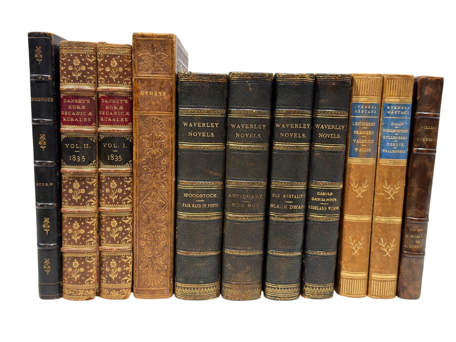 (11) Antique Leather-Bound Books, 1835â€“1907: A handsome assembled collection of eleven 19th- and early 20th-century volumes, many retaining richly tooled leather bindings, gilt spine decoration, raised bands, marbled endpapers, and illustrated t