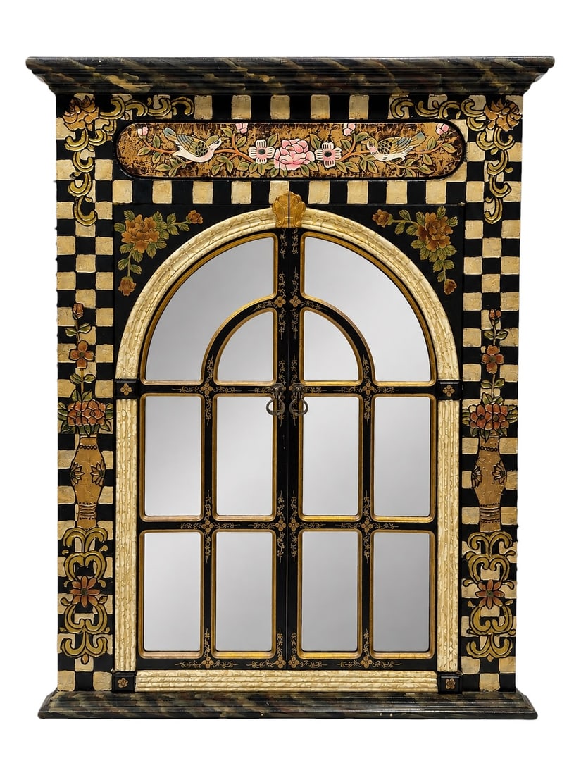 MacKenzie-Childs Style Hand-Painted Arched Window Mirror w/ Hinged Doors (1 of 9)