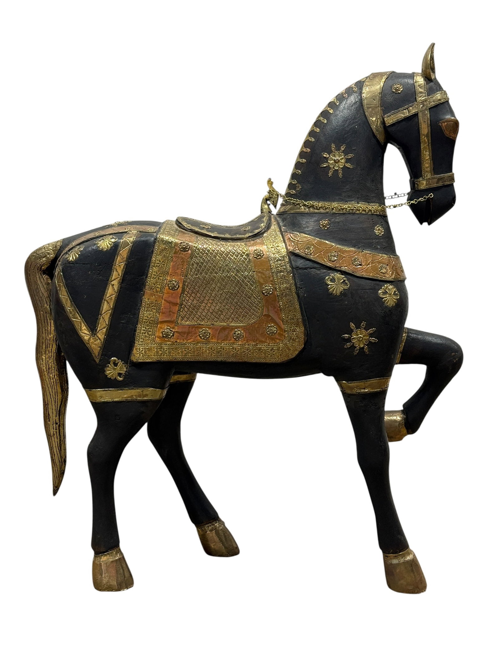 Large Anglo-Indian Rajasthani Carved Wood Horse with Brass & Copper Mounts (1 of 10)