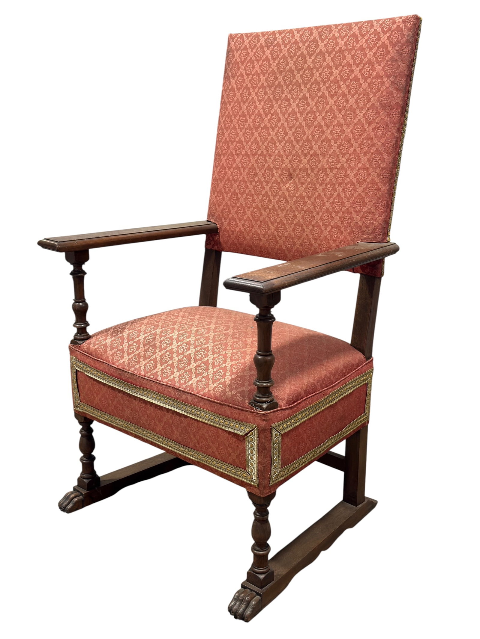 Late Victorian / Edwardian Jacobean Revival Upholstered Throne Armchair: Substantial late 19th- to early 20th-century Jacobean Revival throne armchair, constructed in dark-finished hardwood with a tall rectangular upholstered back, broad flat armrests, turned arm supports 