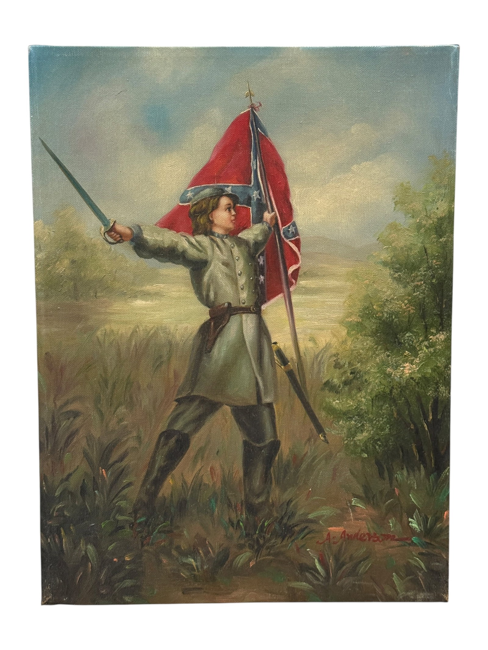 A. Anderson, 20th Century, Confederate Standard Bearer Oil on Canvas: Dramatic historical military painting depicting a young Confederate standard bearer standing amid tall grasses with sword extended and the Confederate battle flag raised behind him, rendered in oil on