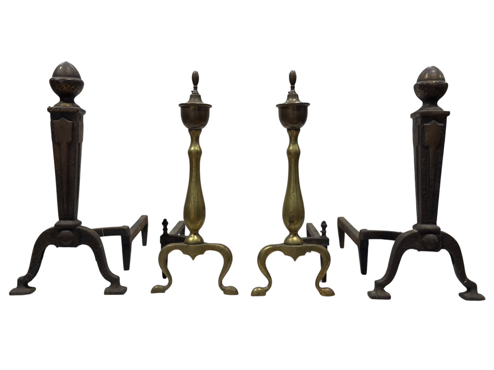 (2) Pairs of Vintage Brass & Iron Fireplace Andirons: Decorative group of two pairs of vintage fireplace andirons, comprising a refined pair of brass-front Federal or American Classical-style examples and a heavier pair of iron andirons with large acorn-