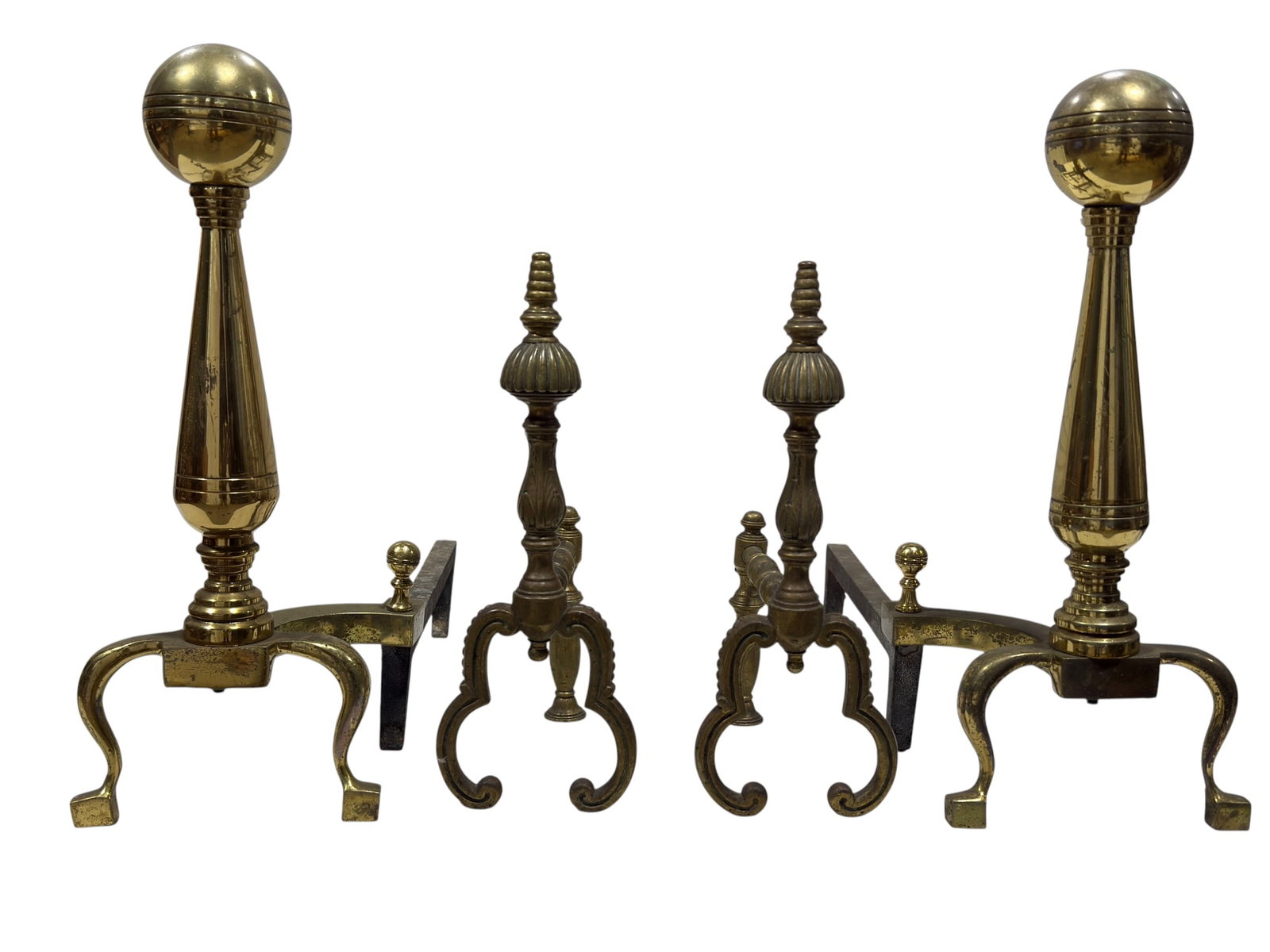 (2) Pairs of Vintage Brass Fireplace Andirons, Ball-Finial & Turned-Finial Forms (1 of 11)