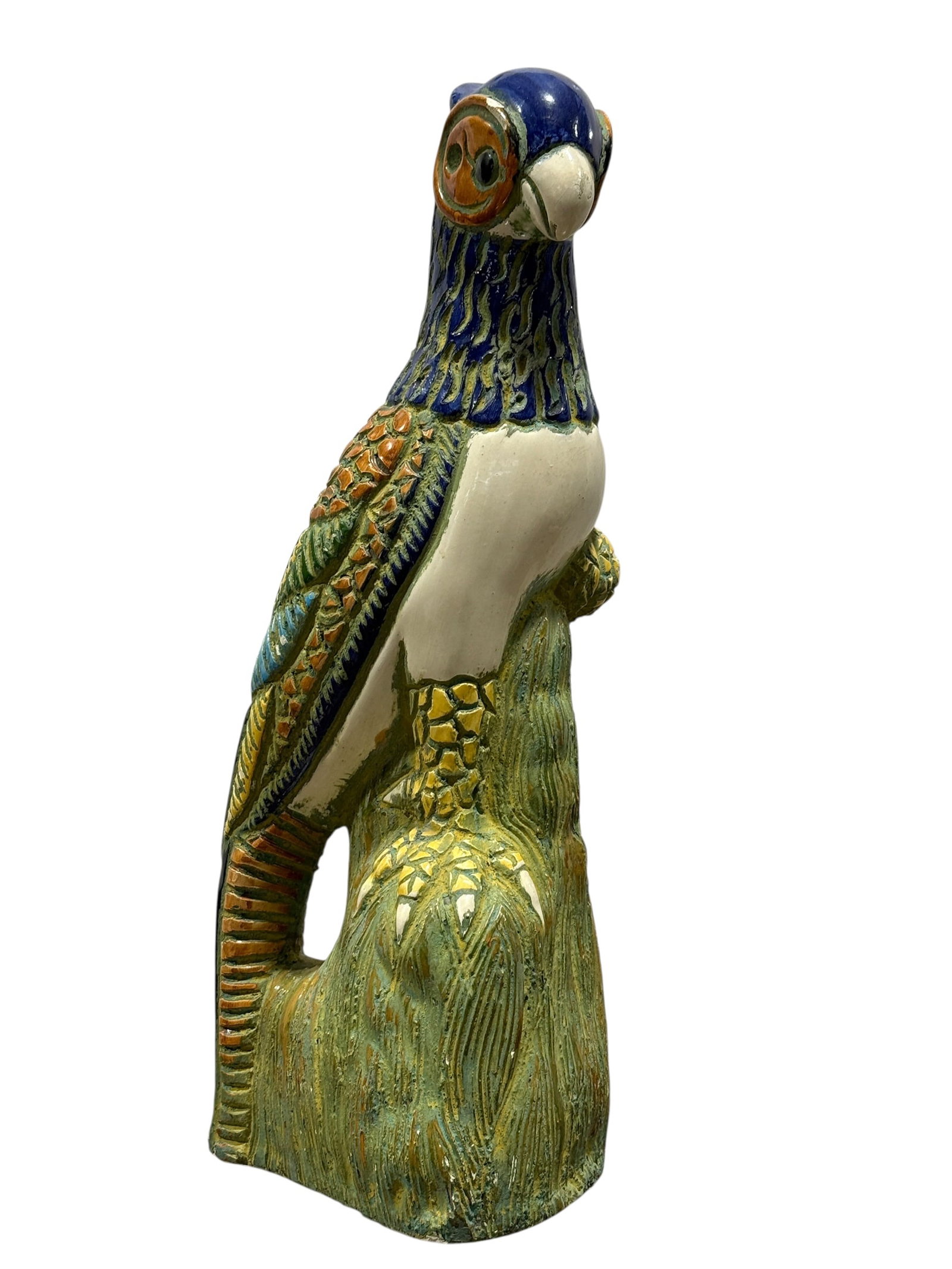 Vintage Hand-Painted Glazed Ceramic Parrot Sculpture on Tree Stump (1 of 12)
