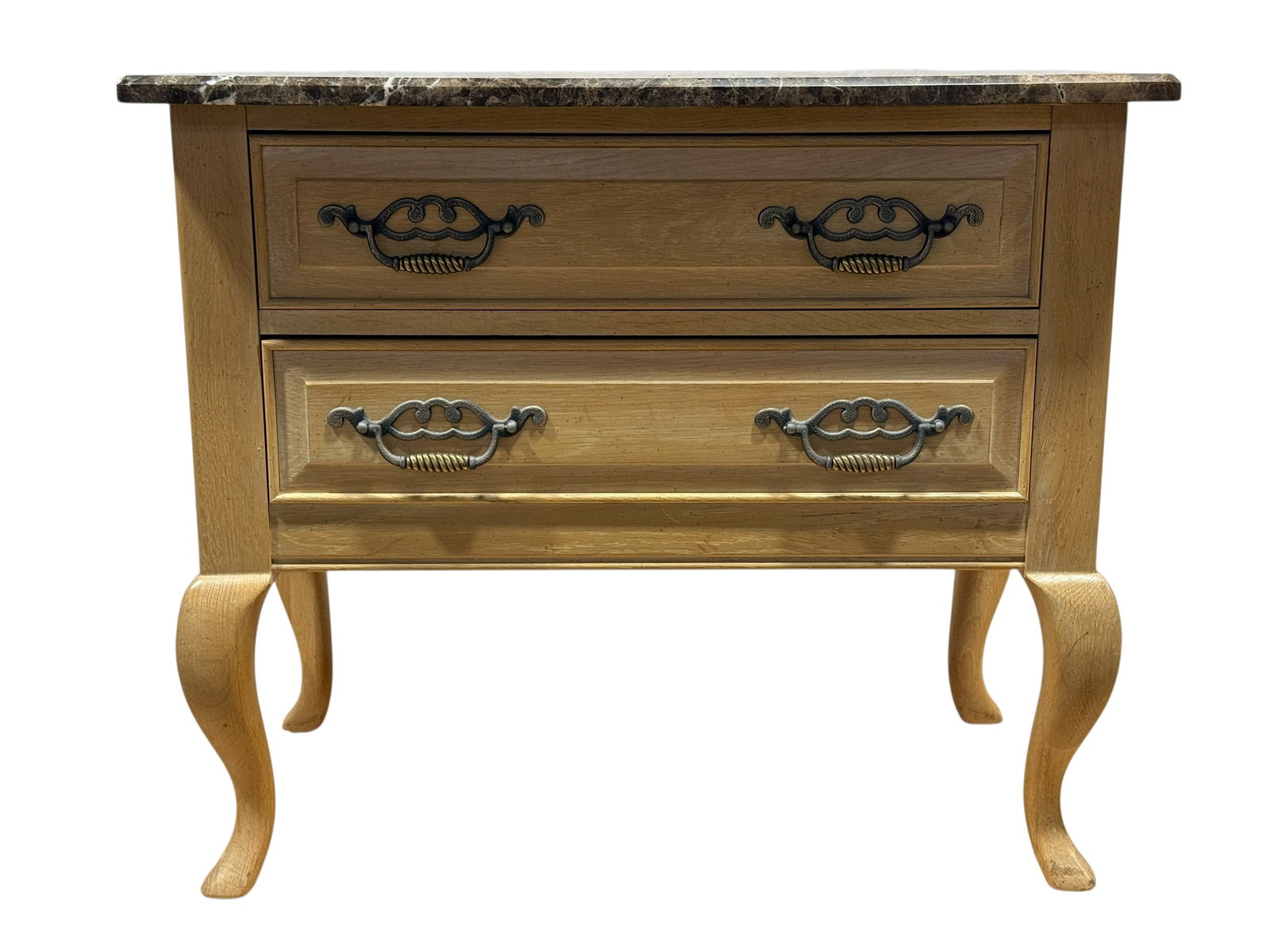 Thomasville Late 20th Century Marble-Top Two-Drawer Nightstand: Thomasville Furniture two-drawer nightstand or bedside chest, late 20th century, featuring a substantial polished brown marble top with dramatic cream and white veining above a light-toned wood case o