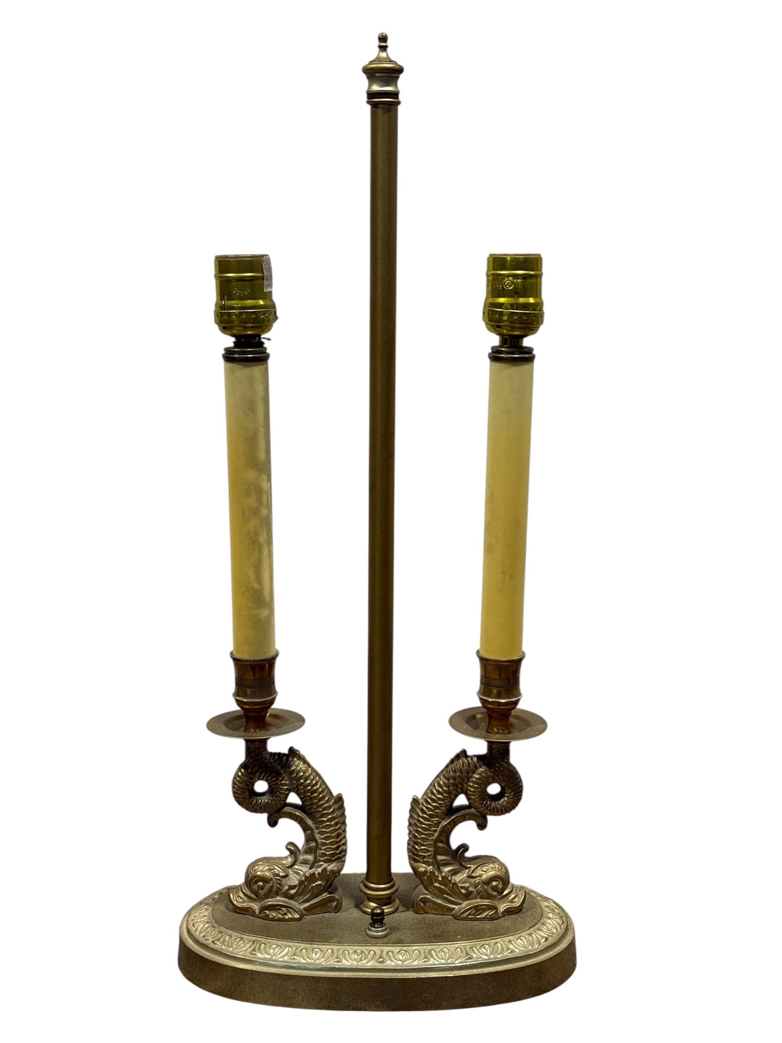 Vintage Mid-Century Brass Double Dolphin Bouillotte-Style Table Lamp: Vintage mid-20th-century bouillotte-style table lamp in a warm antiqued brass-tone finish, dramatically modeled with a pair of opposing stylized dolphins or sea creatures rising from an oval pedestal 