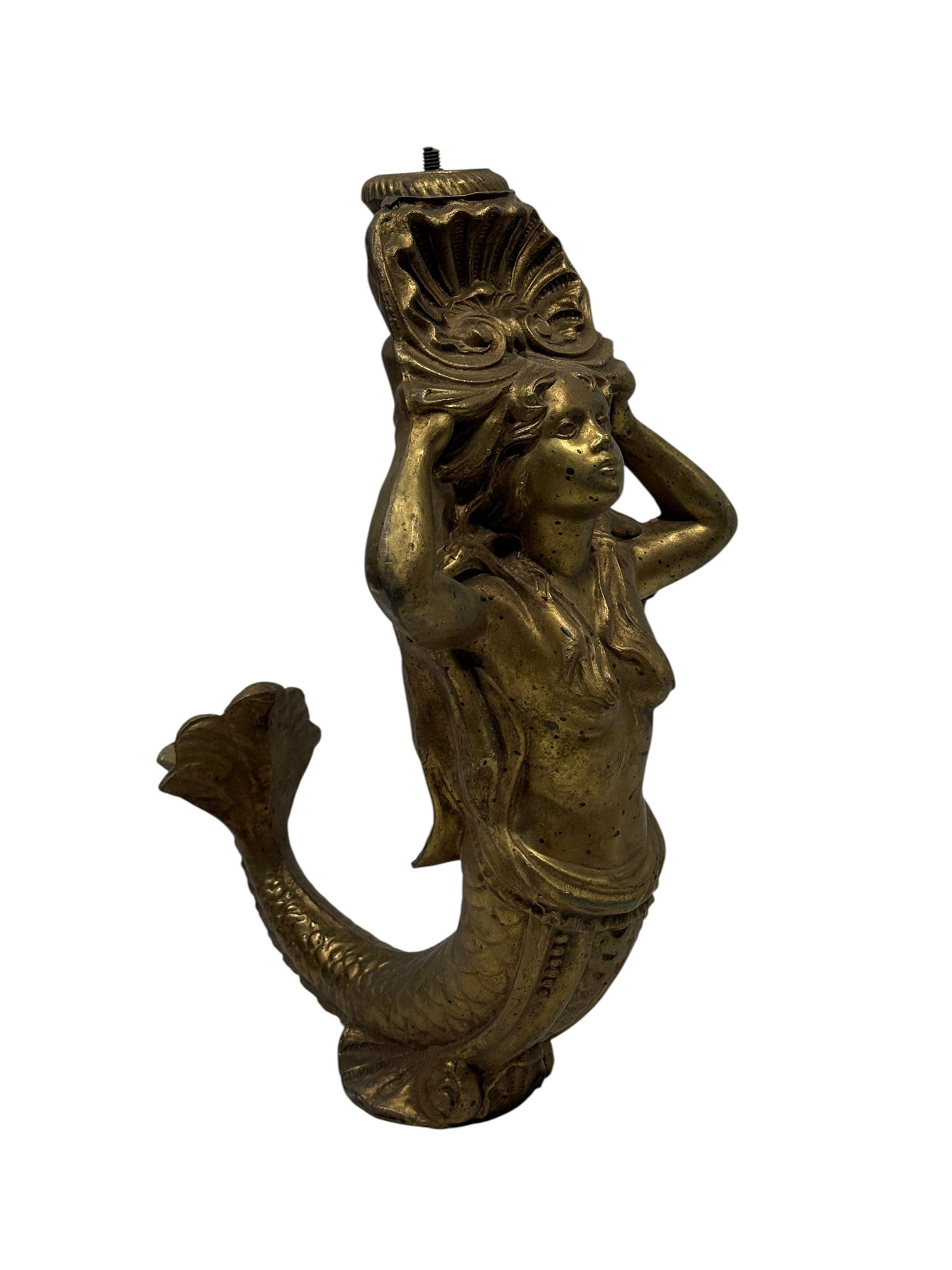 Vintage Hollywood Regency Cast Metal Mermaid Architectural Base: Vintage cast-metal architectural or decorative base in a dramatic Hollywood Regency and Art Nouveau Revival taste, modeled as a partially nude mermaid rising from a gracefully curved, scaled fish