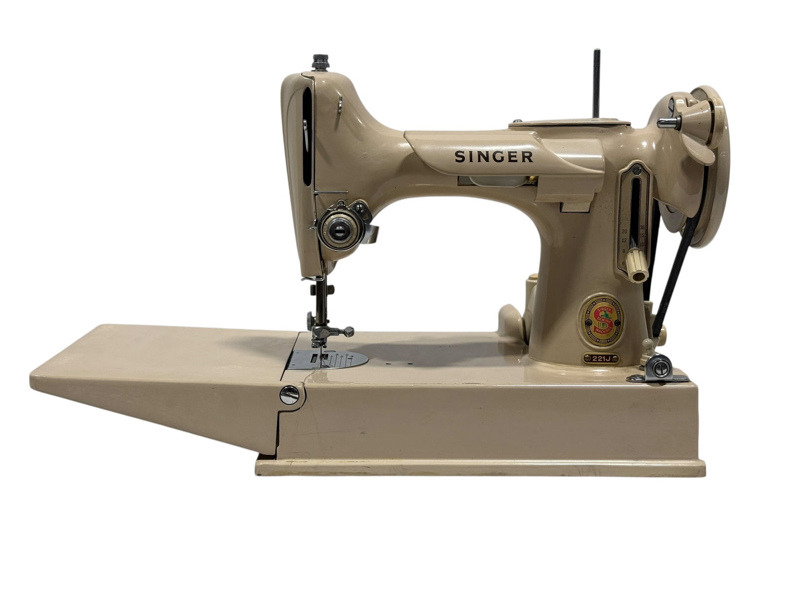 Singer 221J "Featherweight" Light Bisque Portable Sewing Machine with Case: Singer Model 221J Featherweight portable electric sewing machine, Canadian, circa early 1960s, finished in Singer’s distinctive light bisque or beige colorway and accompanied by its fitted two-tone 