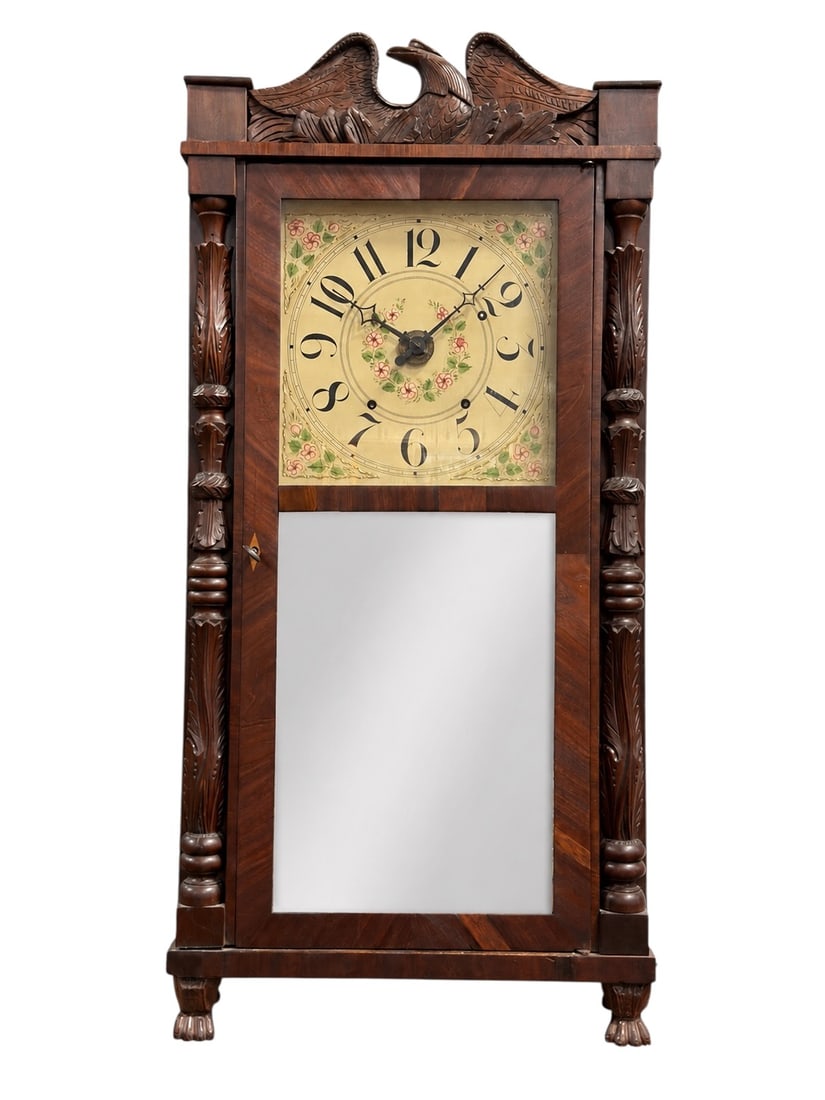 Early 19th C. Riley Whiting American Mahogany Carved Column & Splat Wall Clock: Riley Whiting (American, 1785–1835), Winchester, Connecticut, early 19th century, circa 1825–1830, weight-driven wall or shelf clock housed in an imposing mahogany and mahogany-veneered case with 