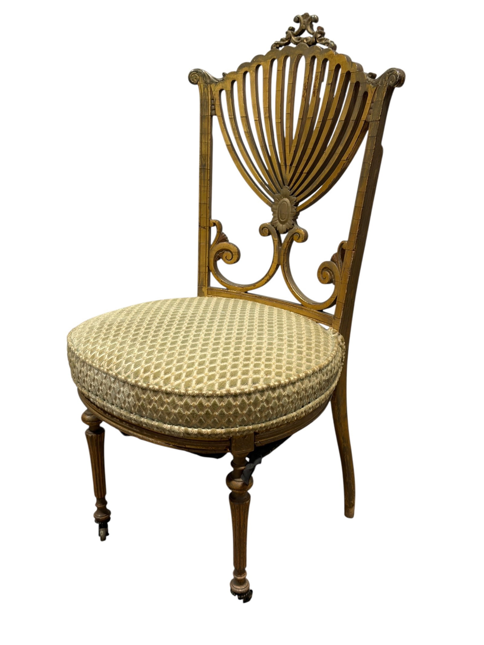 Vintage Hollywood Regency Giltwood Lyre Back Side Chair: Vintage Hollywood Regency giltwood side chair, likely mid-20th century, designed with an especially decorative openwork back inspired by the classical lyre form. The tall back is composed of radiating