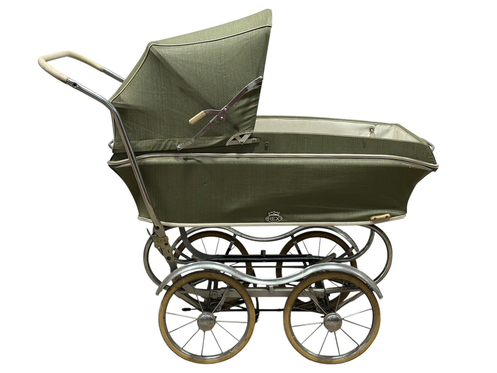Rex Stroll-O-Chair Mid-Century Baby Pram: Rex Stroll-O-Chair vintage baby carriage or pram, American, mid-20th century, featuring an olive-green textured body trimmed in white piping and bright chrome, with a large articulated folding hood, d