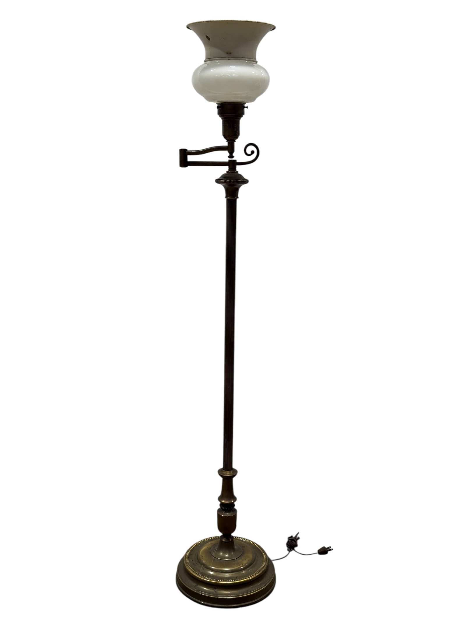 Vintage Brass Torchiere Floor Lamp w/ Glass & Enameled Metal Shade: Vintage brass-tone torchiere floor lamp, likely mid-20th century, constructed with a tall fluted column rising from a substantial stepped circular base enriched with beaded molding and turned architec