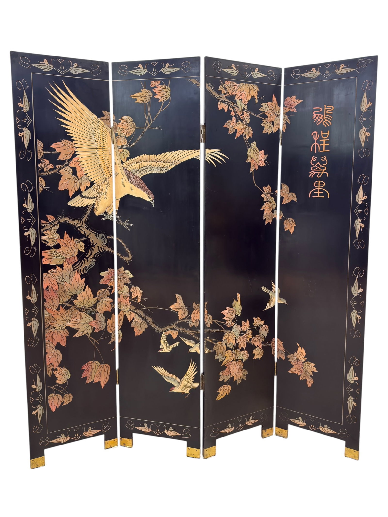 Vintage Chinese Style 4 Panel Black Lacquer Folding Screen (1 of 10)