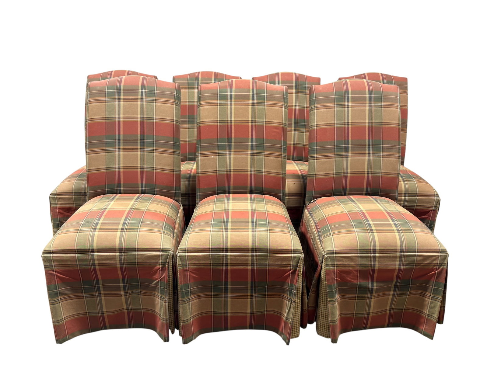 Set of 7 Plaid Upholstered Skirted Dining Chairs: Set of seven fully upholstered dining or occasional chairs, each with a gently arched rectangular back, generously padded seat, and tailored skirt concealing the frame and legs. The group is