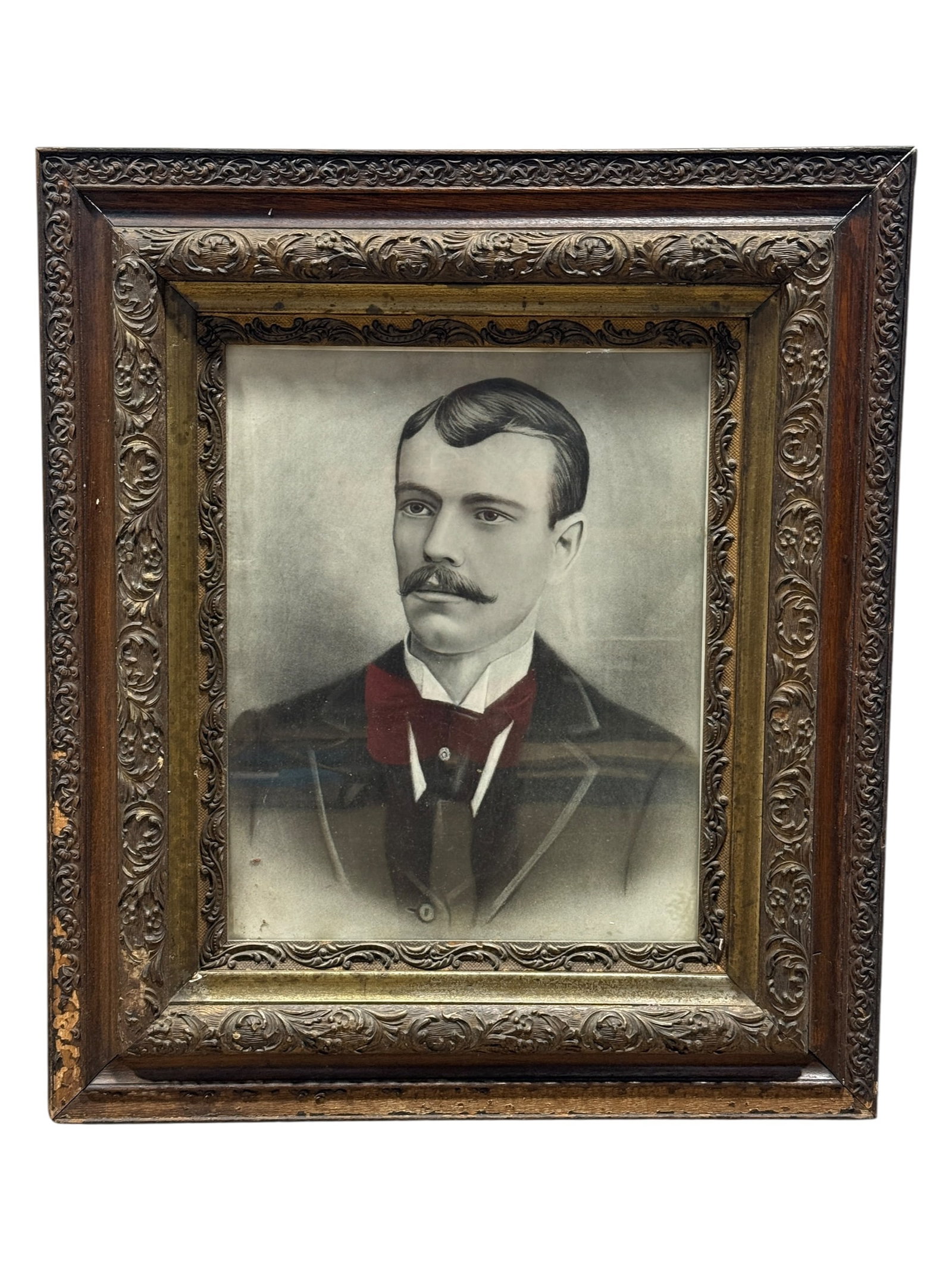 Antique Portrait of a Young Man in Antique Frame: This is a late 19th to early 20th-century monochrome portrait, likely a solar print or crayon enlargement, depicting a distinguished young man with a prominent mustache. He is attired in formal period