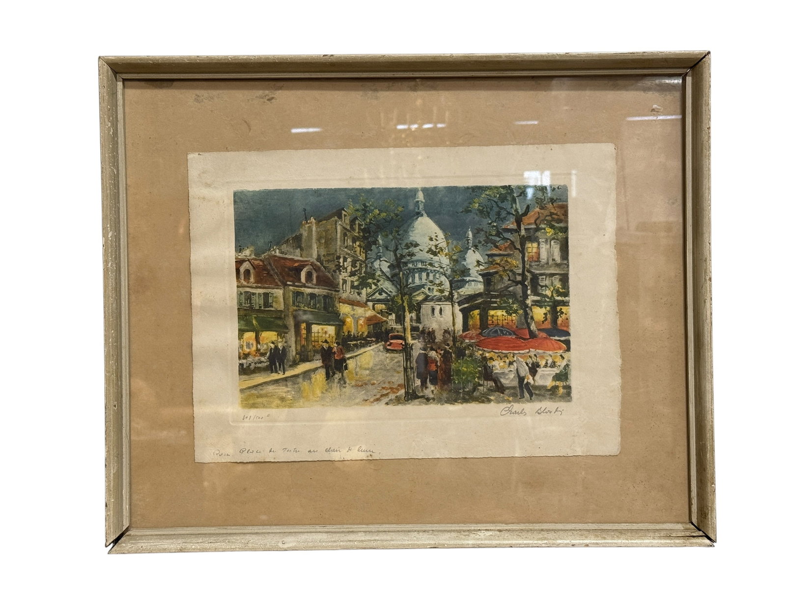 Charles Blondin French Lithograph Print: A limited-edition color lithograph on paper by French artist Charles Blondin (20th Century), titled in pencil along the lower margin "Paris, Place du Tertre au clair de lune." The work depicts a bustl