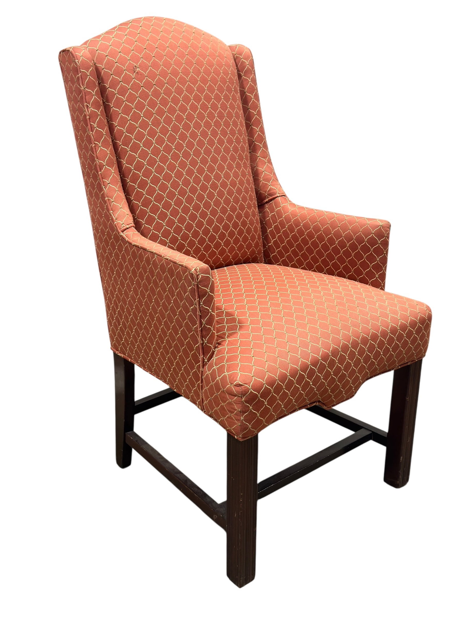 Vintage High Back Upholstered Armchair: Vintage High-Back Upholstered Armchair in Coral Trellis FabricAttractive vintage high-back upholstered armchair featuring a tall gently arched back, narrow upholstered wings, softly flared arms, and a
