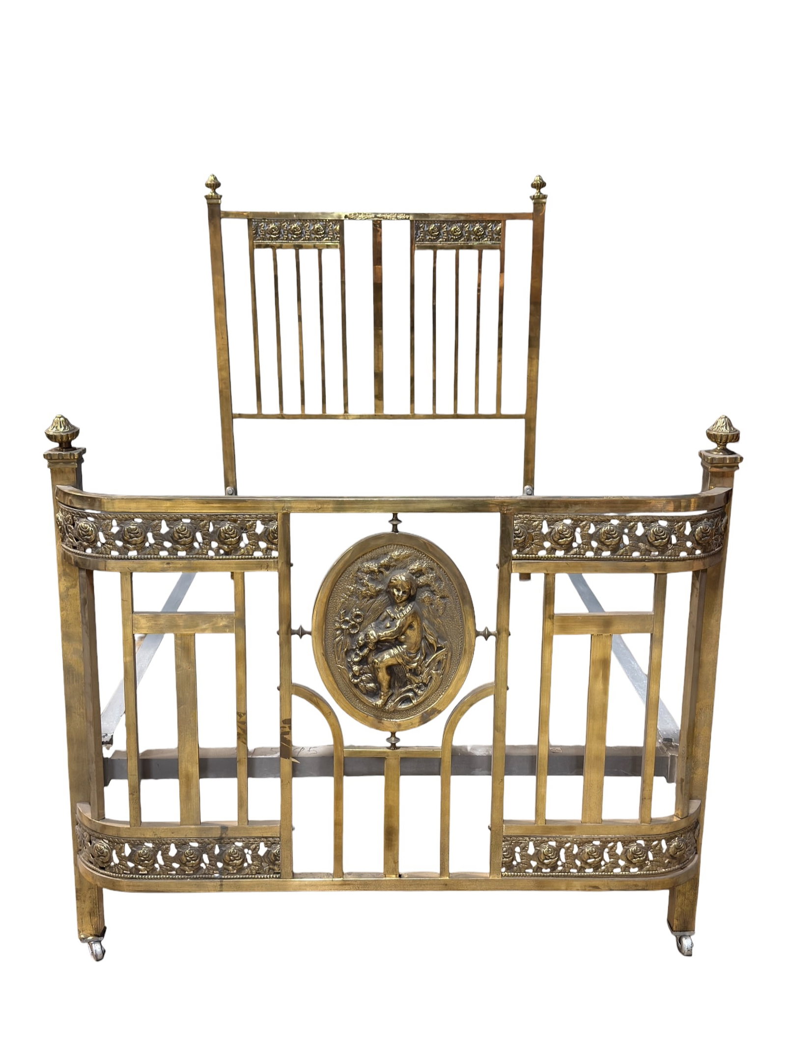 French Louis XVI Style Brass Tree Quarter Bed Frame: Elegant brass bed frame in the French Louis XVI taste, designed to accommodate an approximately 75” x 42” mattress, a narrower three-quarter size rather than a standard modern full. The fr