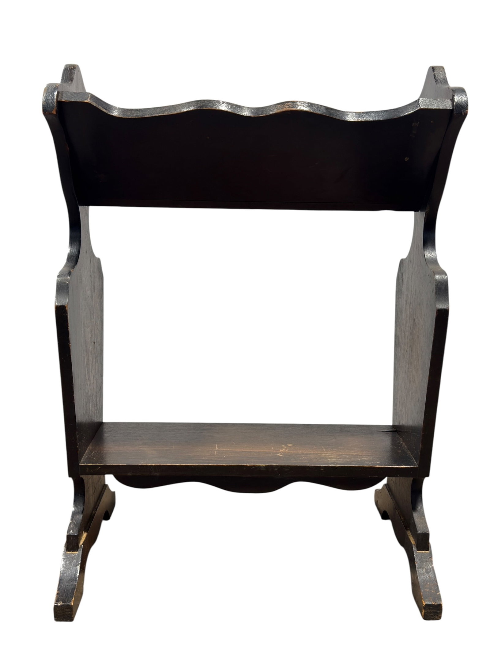 Vintage Mahogany Canterbury Style Magazine: A handsome vintage mahogany Canterbury-style magazine, newspaper, or book stand constructed with a dark stained finish and an attractive open two-tier form. The upper compartment is framed by graceful