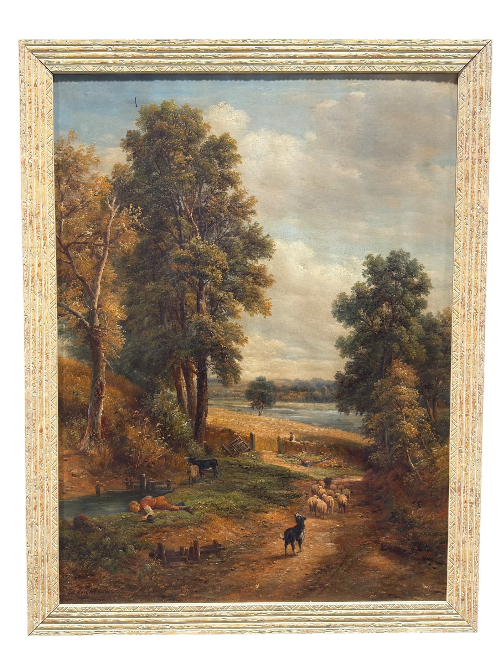 Signed Large Pastoral River Landscape Oil on Canvas w/ Farmers & Livestock: Large signed oil on canvas landscape painting depicting a pastoral countryside scene with farmers, livestock, and a winding river set beneath a broad, cloud-filled sky. Signed in the lower right corne