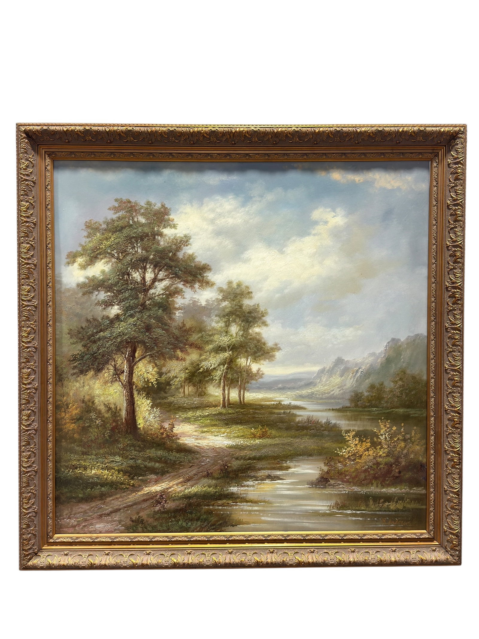 Signed R. Andrews Large River Valley Landscape Oil on Canvas: Large oil on canvas landscape painting, signed R. Andrews in the lower right corner, depicting a tranquil river valley framed by mature trees and distant rocky hills beneath a broad, softly clouded sk