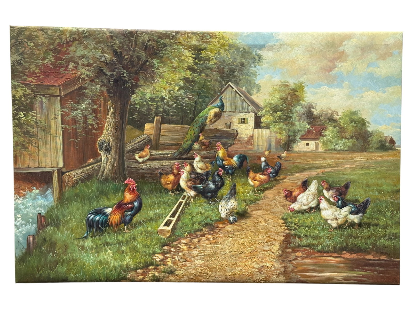Farmyard Peacock & Chicken Oil on Canvas: Oil on canvas farmyard painting depicting a lively gathering of chickens, roosters, and a prominently perched peacock within a rustic rural setting. The composition centers on the colorful flock arran
