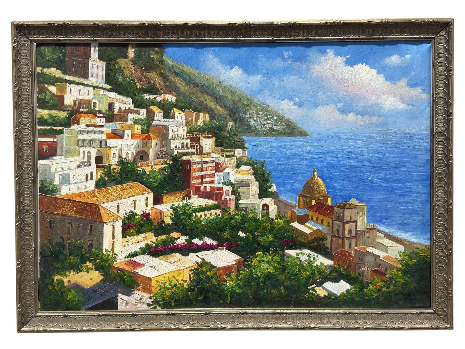 Signed Richardo Oil on Canvas Italian Coastal Bay Landscape: Vibrant oil on canvas coastal landscape signed Richardo at the lower right, depicting what appears to be an Italian Mediterranean hillside town overlooking a brilliant blue bay and open sea. The compo
